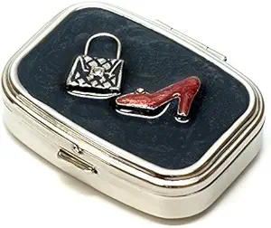 9339 Square Small Pill Box Organizer Black Silver Casino Dice & Kartlar Kadınlar Seyahat Pill Case Purse Pocket Konteyner Günlük Portatif Tıp Vitamini Kaynağı Ekle