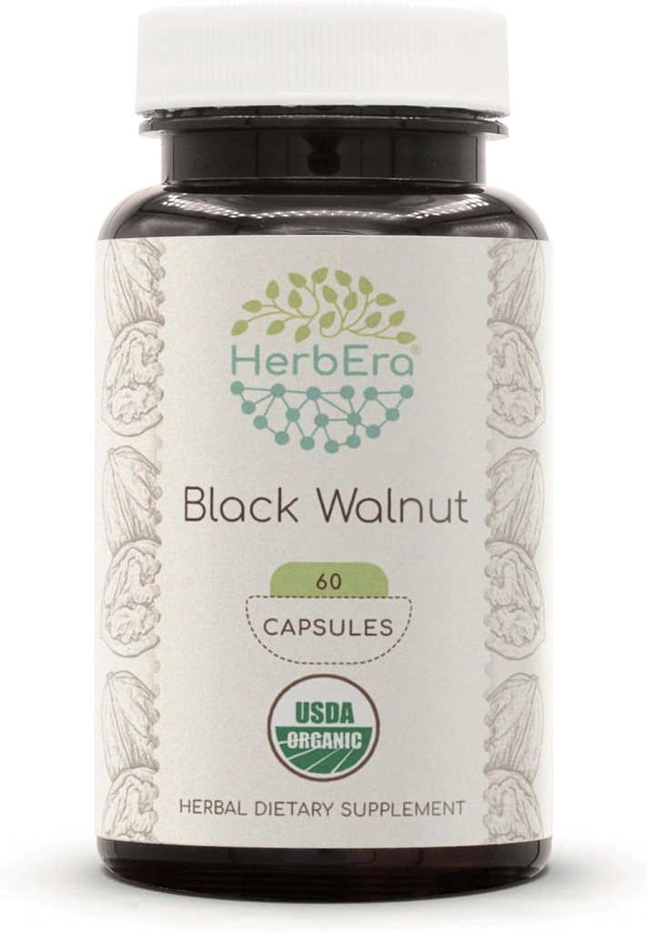 HerbEra Black Walnut USDA Organic 60 Capsules | Natural Herbal Supplement | Sertifikalı Organik Vegetarian Capsules ve Organik Black Walnut (Juglans Nigra) Hull (60 Capsules)