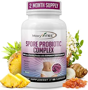 MoxyVites Spore Probiyotik Kompleksi - All In One Prebiyotiks and Probiyotiks for Digestive Health, Postbiyotik, Digestive Enzymes Daily Supplement - Spore Based Probiyotik for Women & Men