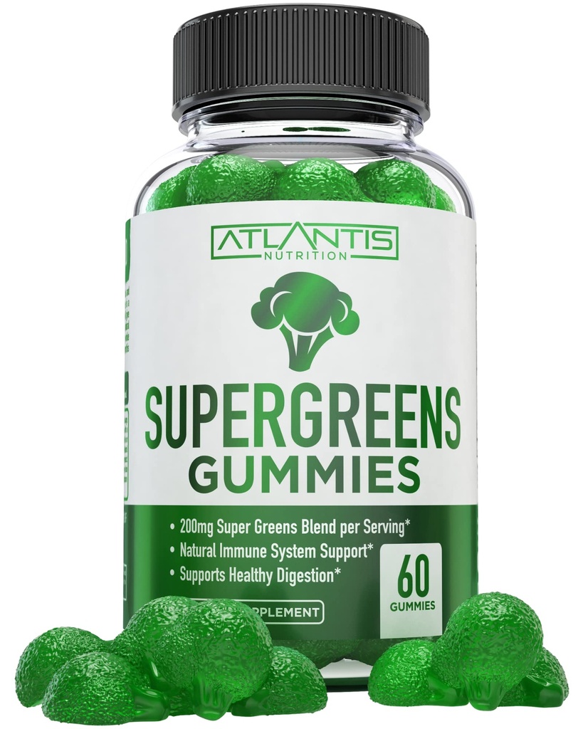 Atlantis Beslenme Supergreens Gummies - Daily Green Superfoods Supplement with Spinach, Broccoli, Moringa, Beet Root, Celery, Green Tea, & Acai for Immunity Support - Natural Raspberry Flavor, 60 cntnt