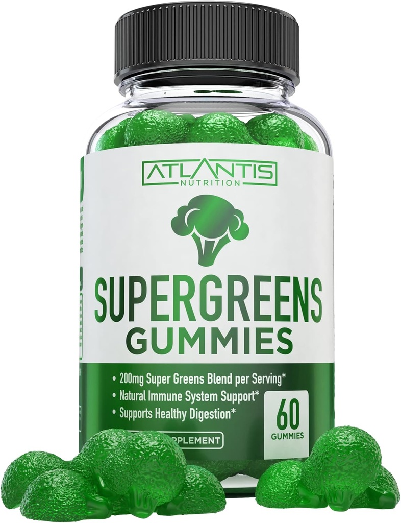 Atlantis Nutrition Supergreens Gummies - Daily Green Superfoods συμπλήρωμα με σπανάκι, μπρόκολο, Moringa, Beet Root, Σέλινο, Πράσινο Τσάι, & Acai για την υποστήριξη της ασυλίας - Φυσικό άρωμα σμέουρων, 60 cnt