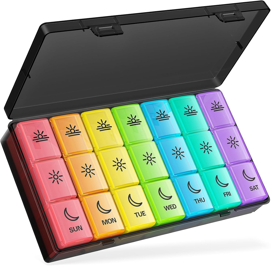 BUG HULL Pill Organizer 3 Zaman Bir Gün Büyük Haftalık Tıp Pill Organizer 3X Bir Gün, 7 Gün Pill Box Vakaları Sabah Noon Vitamin Için Bağışlama, Cod-Liver Oil, Supplements (Rainbow Black)