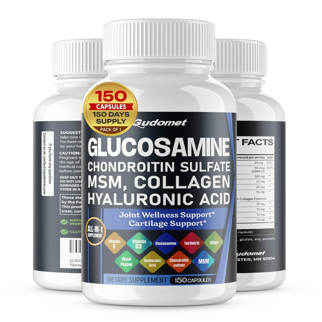 Glucosamine Chondroitin Sulfate Metilsulfonylmethane Hyaluronic Asit Turmeric Ginger Vitamin C, D3, Black Pepper -150 Capsules- Made in USA