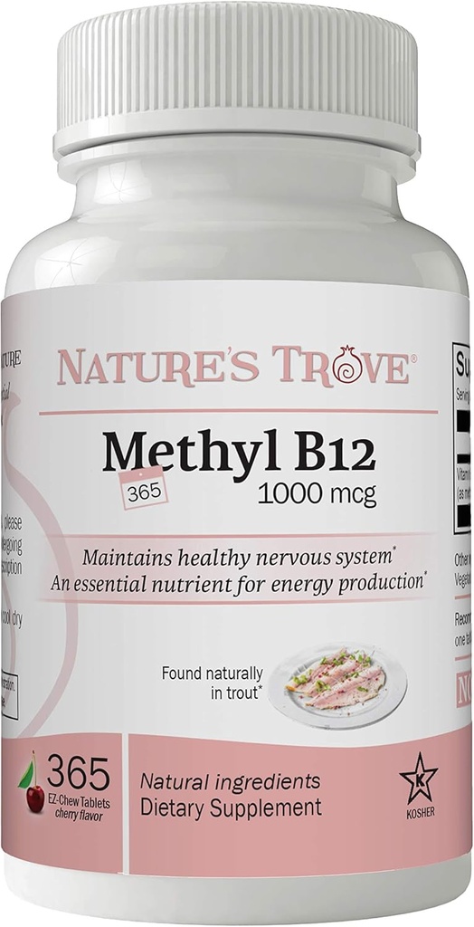 Nature's Trove Vitamin B12 Mecobalamin 1000 mcg, 365 Count, B12 Chewable Vitamins, Cherry Flavor