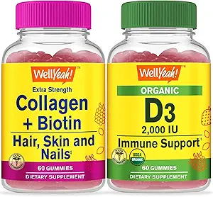 WellYeah Collagen+Biotin + Βιολογική Βιταμίνη D3, Gummies Bundle - Μεγάλη γεύση, συμπλήρωμα βιταμινών, χωρίς γλουτένη, GMO δωρεάν, Μασώμενα Gummy