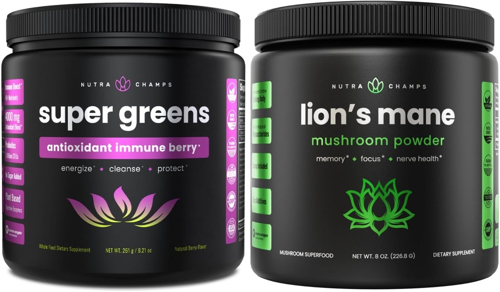 NutraChamps Super Greens Antioxidant & Lion's Mane Powder. Αξιοσημείωτη, Ανοσία και υποστήριξη προσαρμογών