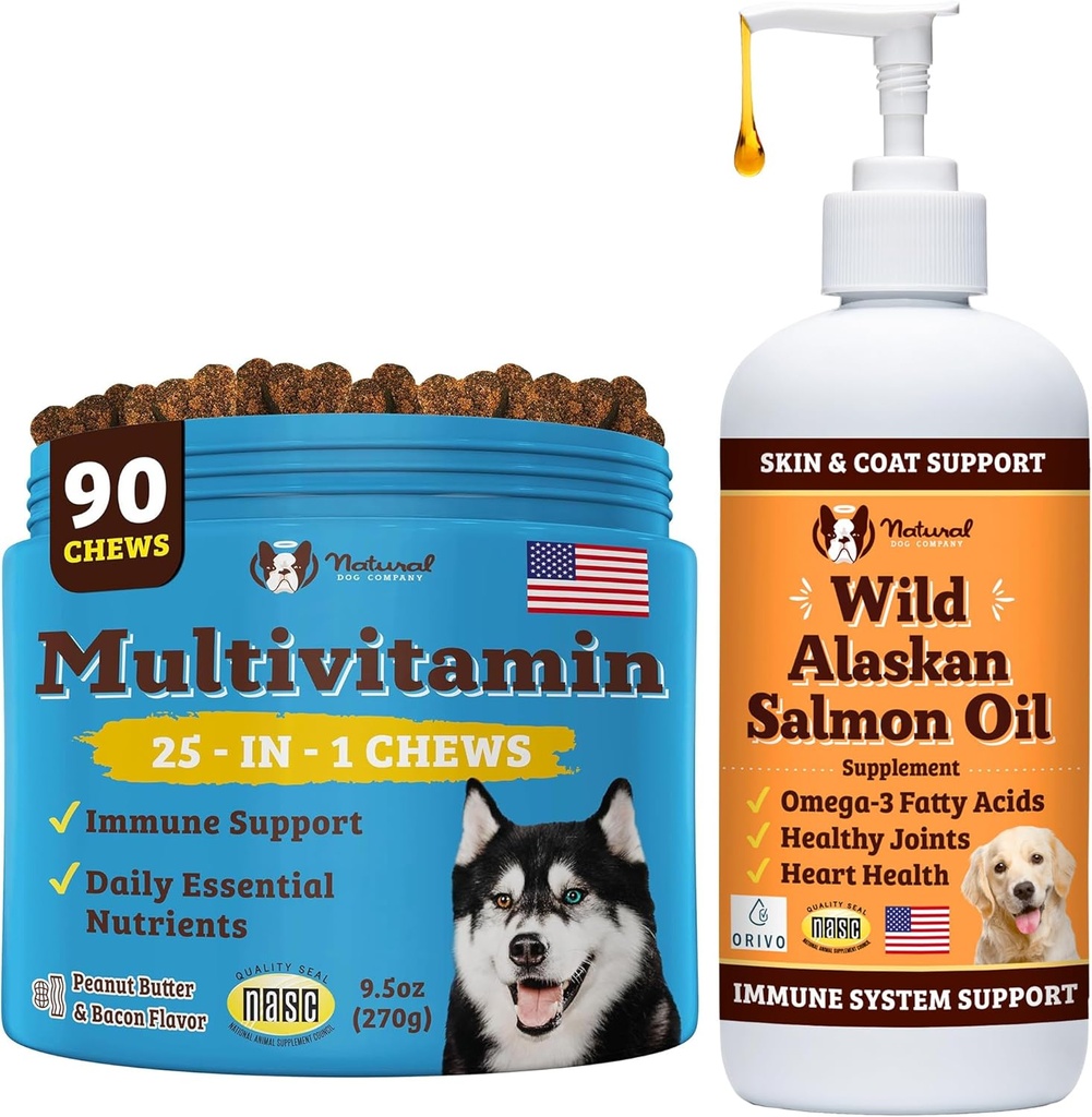 Natural Dog Company Wellness Bundle για σκύλους, λάδι σολομού για σκύλους, πολυβιταμίνη και συμπλήρωμα, Itch Relief