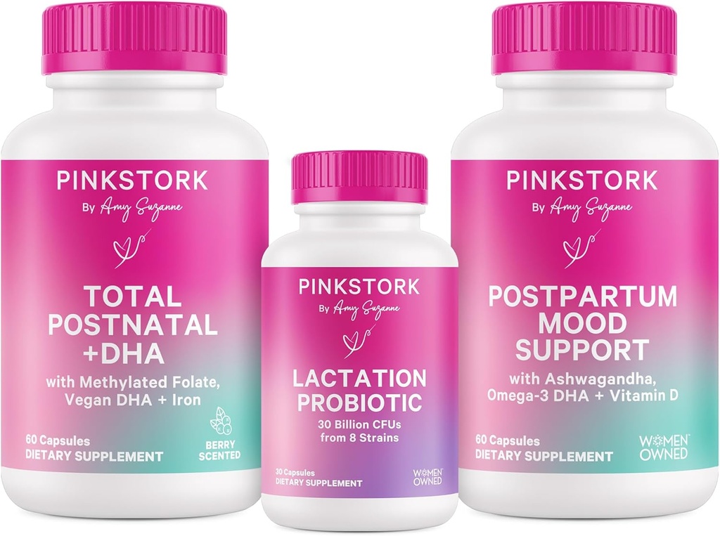 Pink Stork New Mom Necessities Sche: Postnatal Vitamin with DHA and Folic Acid, Lactation Probiyotik for Mother Milk Supply + Immune Support, Postpartum Mood + Hormon Destek, Postpartum Essentials