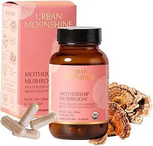 Urban Moonshine Mothership Mushroom - Herbal Supplement for Immune Support - Lion's Mane, Maitake, Türkiye Tail & Reishi - Sertifikalı Organik, Gluten-Free & Vegan - 60 Capsules