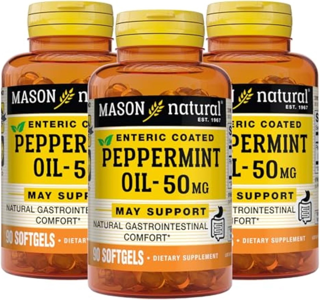 MASON NATURAL Peppermint Oil 50 mg Enteric Coated Supplement, 270 Day Supply of Gastasserial Support for Normal Functioning Bowel, Softgel Pills