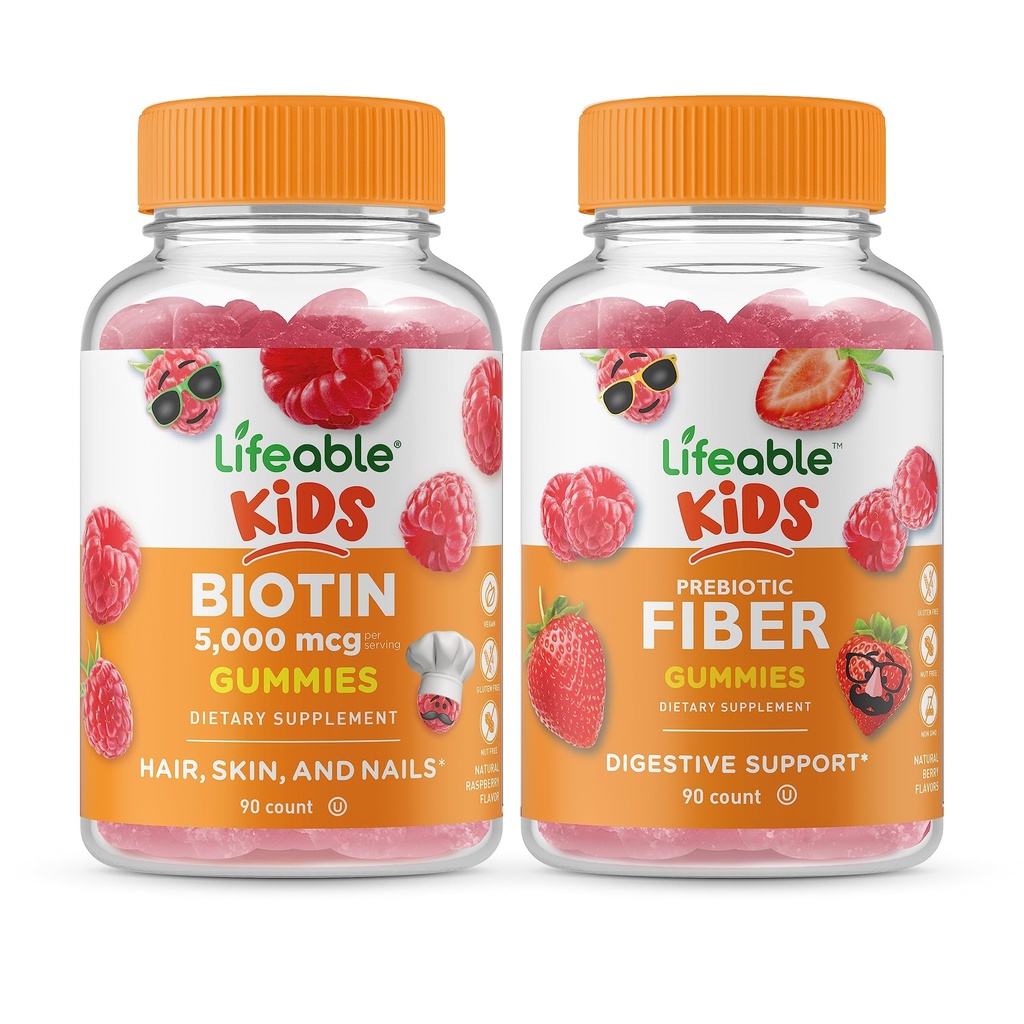 Παιδιά βιοτίνης για ζωή + παιδιά προβιοτικών ινών, Gummys Bundle - μεγάλη γεύση, συμπλήρωμα βιταμίνης, χωρίς γλουτένη, GMO δωρεάν, μασώμενη ούλα
