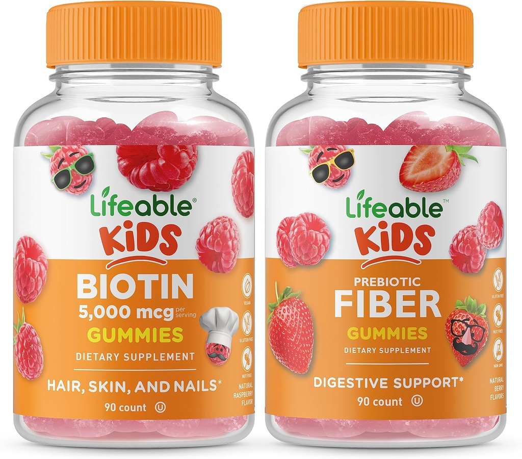 Lifeable Biotin Kids + Prebiyotik Fiber Kids, Gummies Sche - Great Tasting, Vitamin Supplement, Gluten Free, GMO Free, Chewable Gummy