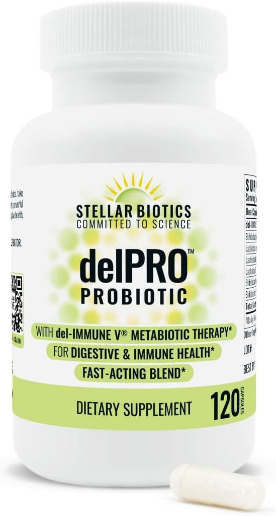 Del-Immune V® + Delpro Probiyotik & Prebiyotik Mix by Stellar Biotics - Optimal Gut Health, Digestion, Immune Support & Mood (120 Capsules)