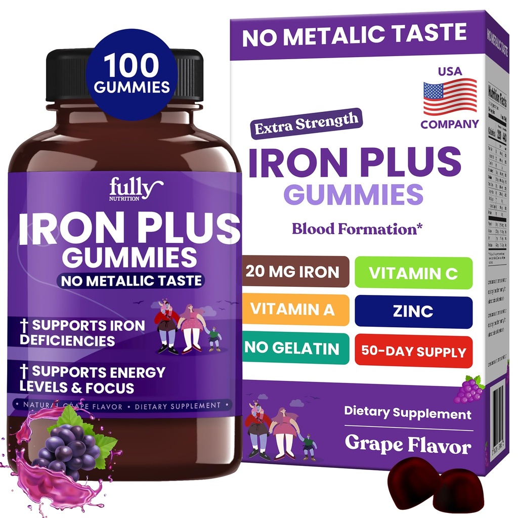 Demir Gummies Kadınlar, Erkekler ve Çocuklar için Tamamlar - Demir Eksikliği için Sağlık Kan ve Enerji Desteği, Tadından Sonra Yok - Fresh Grape Flavor- 100 Gummies (50 Days Supply)