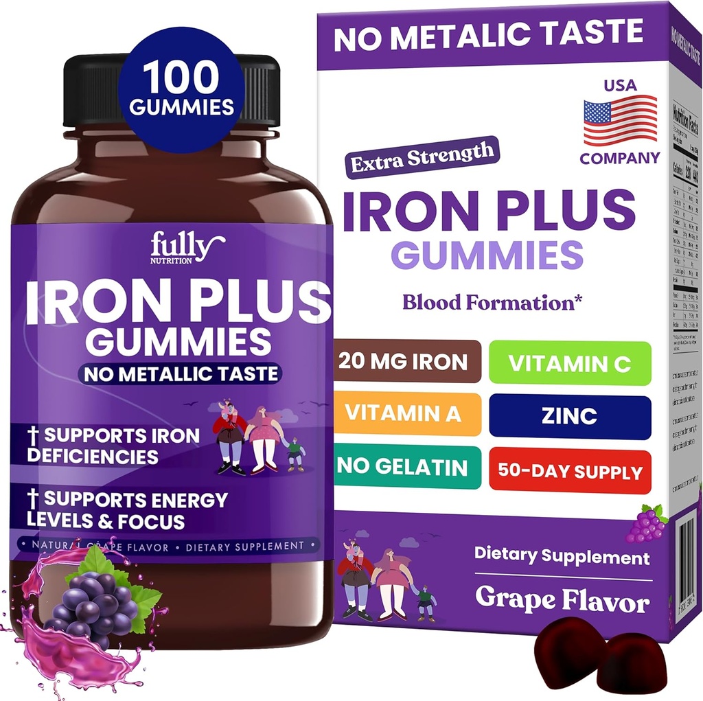 Demir Gummies Kadınlar, Erkekler ve Çocuklar için Tamamlar - Demir Eksikliği için Sağlık Kan ve Enerji Desteği, Tadından Sonra Yok - Fresh Grape Flavor- 100 Gummies (50 Days Supply)