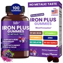 Demir Gummies Kadınlar, Erkekler ve Çocuklar için Tamamlar - Demir Eksikliği için Sağlık Kan ve Enerji Desteği, Tadından Sonra Yok - Fresh Grape Flavor- 100 Gummies (50 Days Supply)