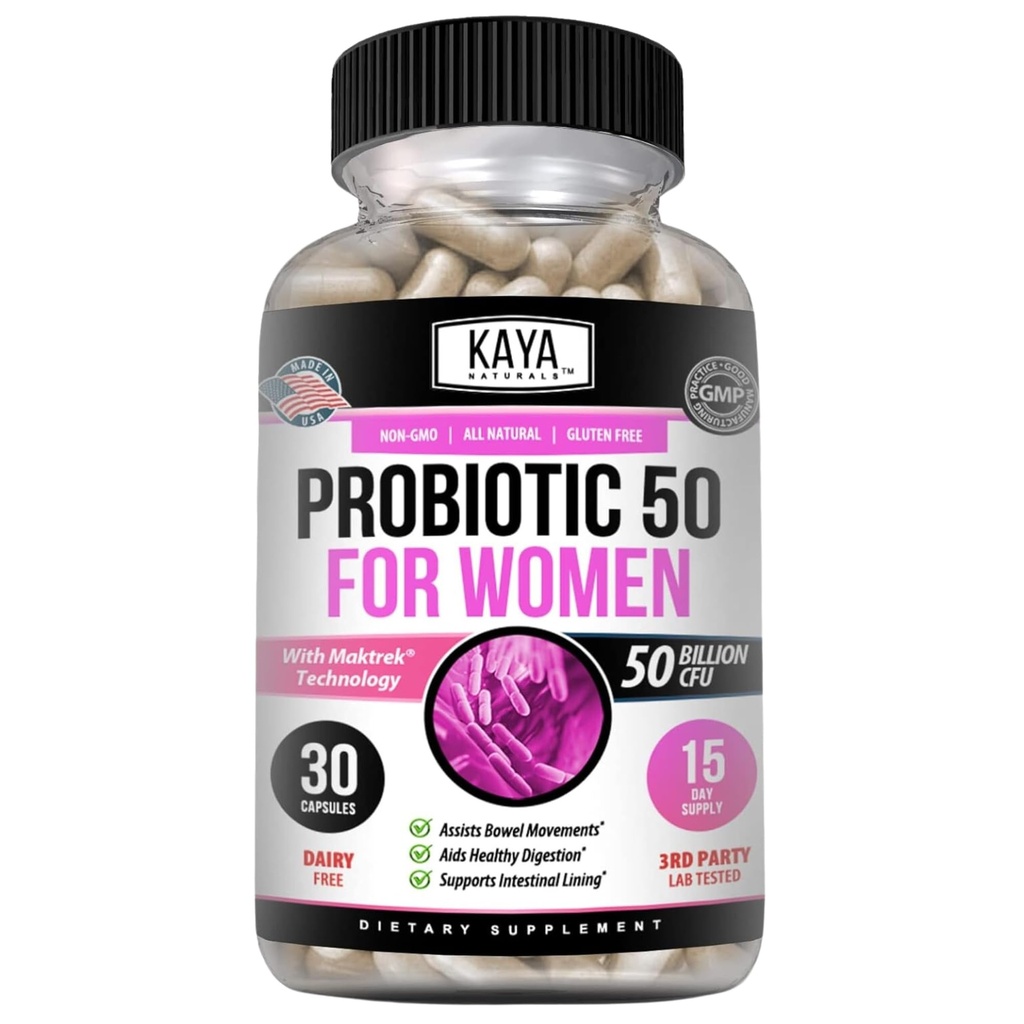 Kaya Naturals Probiotic 50 Billion CFU - Probiotics for Women, Probiotics for Men and Adults, Natural - Gut Health & Immune Support Supplement - Provides Digestive Support - 30 Vegetable Capsules