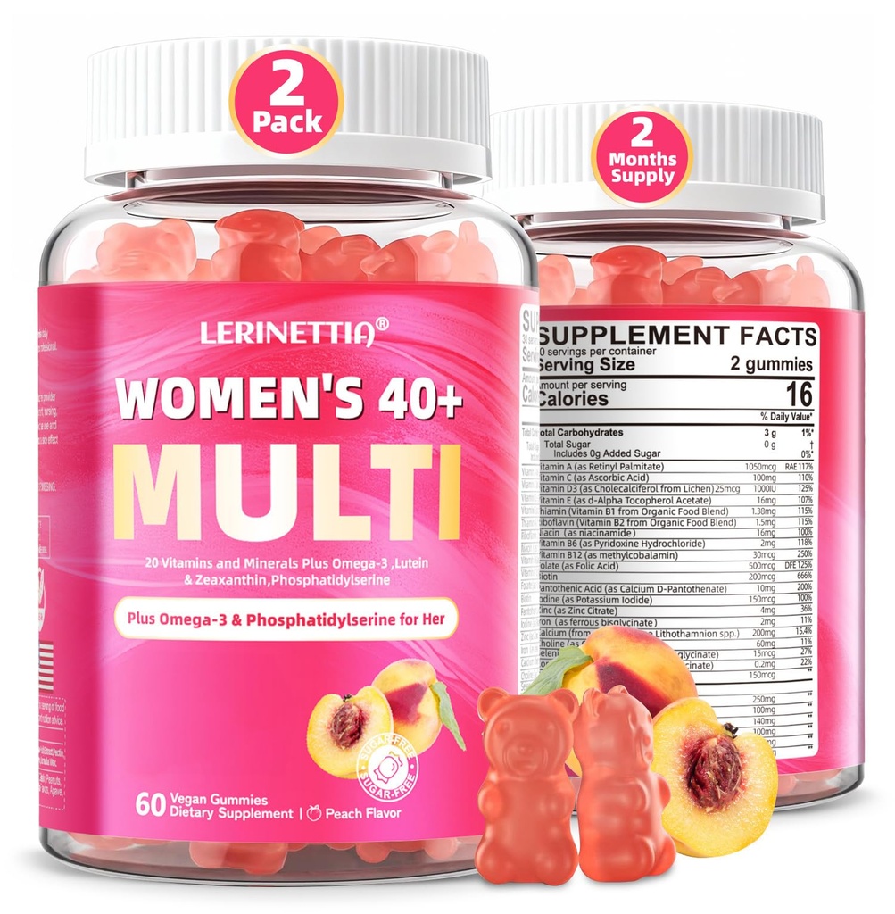 40+ için Kadınların Gummies for 40+ with Omega-3, Niacinamid, B-Complex, Lutein, Iron, Choline, Phosphatidylserine, D3 for Skin, Hair, Energy, Immune, Bone - Vegan, Sugar Free, 120Cts