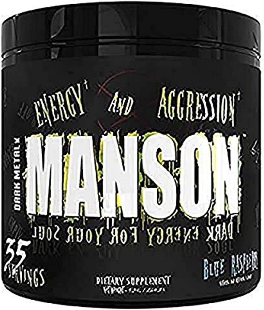 DARK METAL Inc. Manson High Stim Pre Workout Powder, Energy Focus Strength, Φορτωμένο με Beta Alanine L-Carnitine Caffeine Infinergy, 35 Srvgs, Blue Raspberry