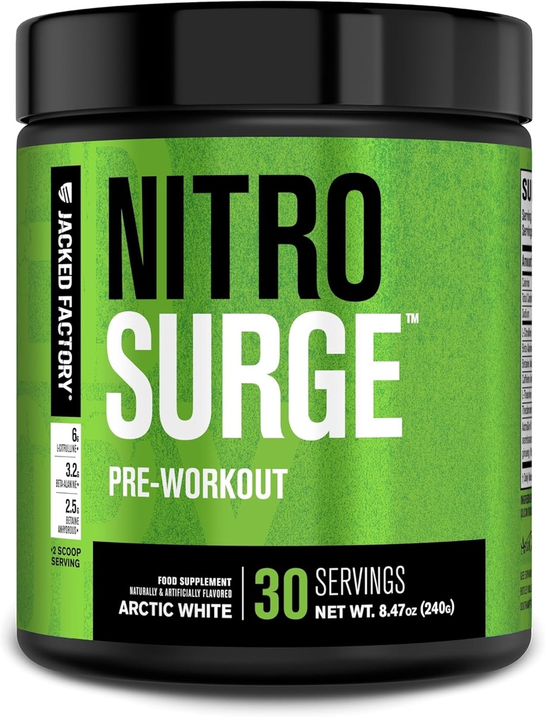 Jacked Factory NITROSURGE Pre Workout Supplement - Endless Energy, Instant Strength Gains, Clear Focus, Intense Pumps - NO ATM & Güçlü Preworkout Energy Toz - 30 Hizmet, Arctic White
