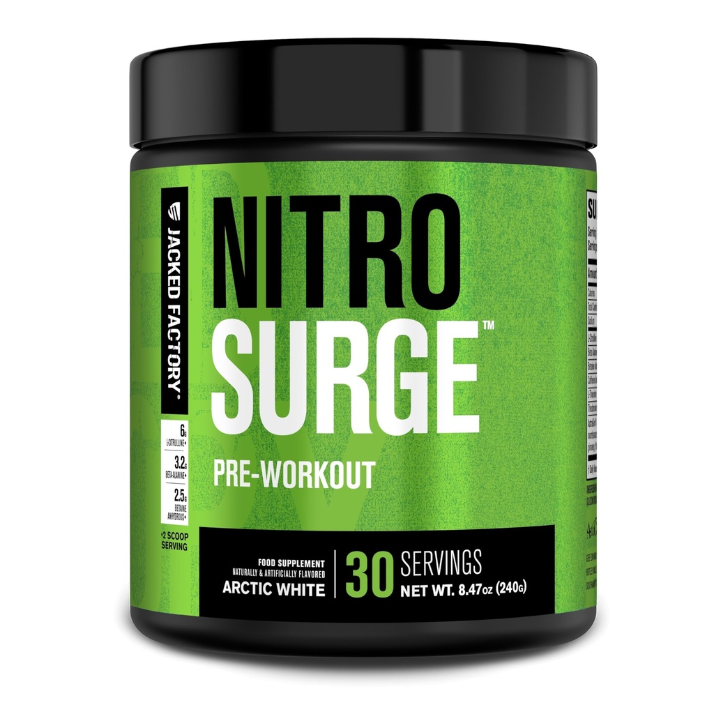 Jacked Factory NITROSURGE Pre Workout Supplement - Endless Energy, Instant Strength Gains, Clear Focus, Intense Pumps - NO ATM & Güçlü Preworkout Energy Toz - 30 Hizmet, Arctic White