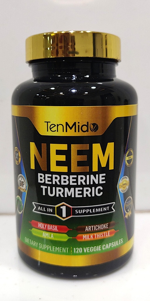 Neem Leaf Supplement - 8in1 Formula - Berberine, Turmeric, Kutsal Basil, Amla, Artichoke, Milk Butle ve Black Pepper - Immune Support - 4 Ay için 120 Capsules