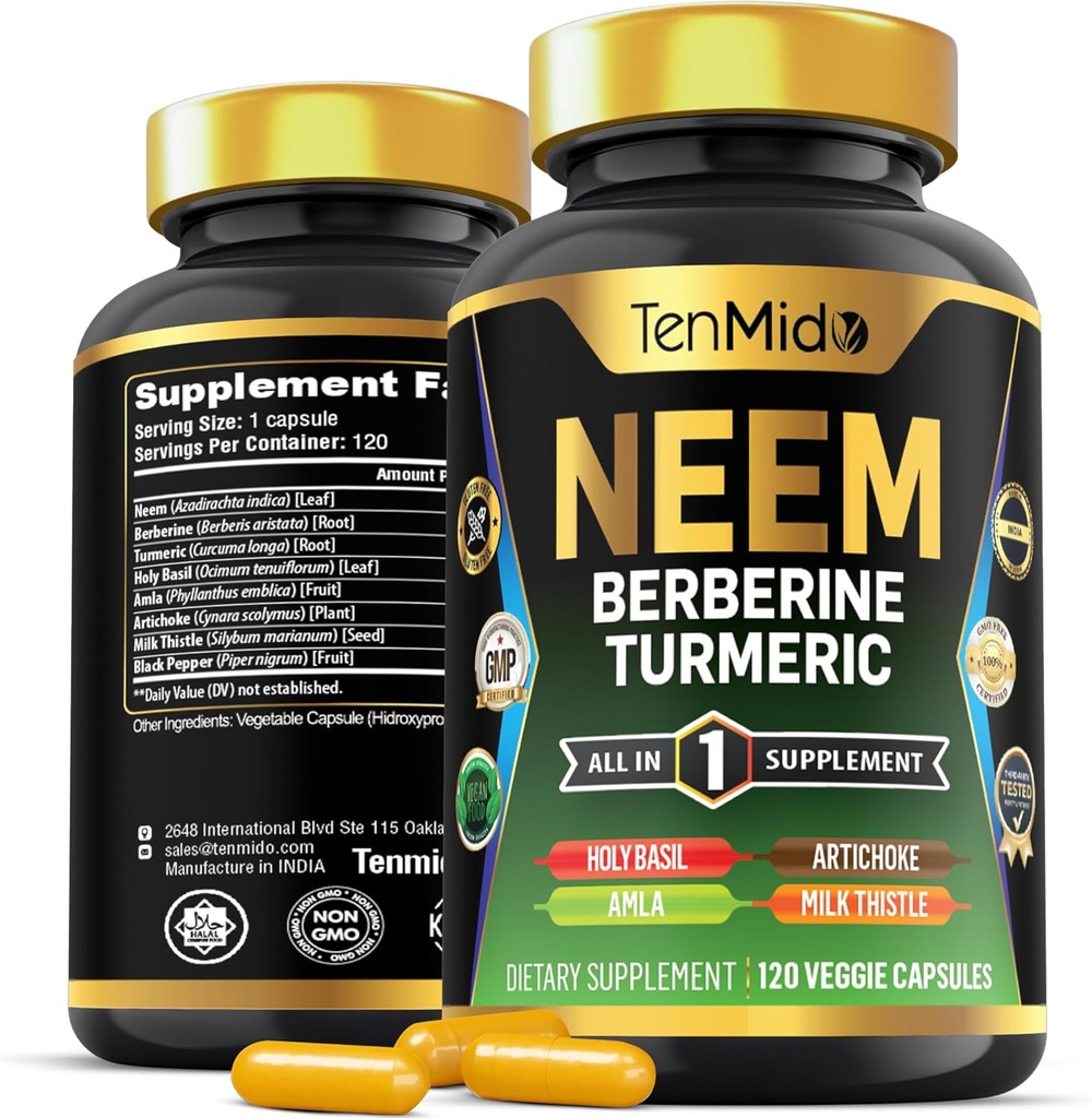Neem Leaf Supplement - 8in1 Formula - Berberine, Turmeric, Kutsal Basil, Amla, Artichoke, Milk Butle ve Black Pepper - Immune Support - 4 Ay için 120 Capsules