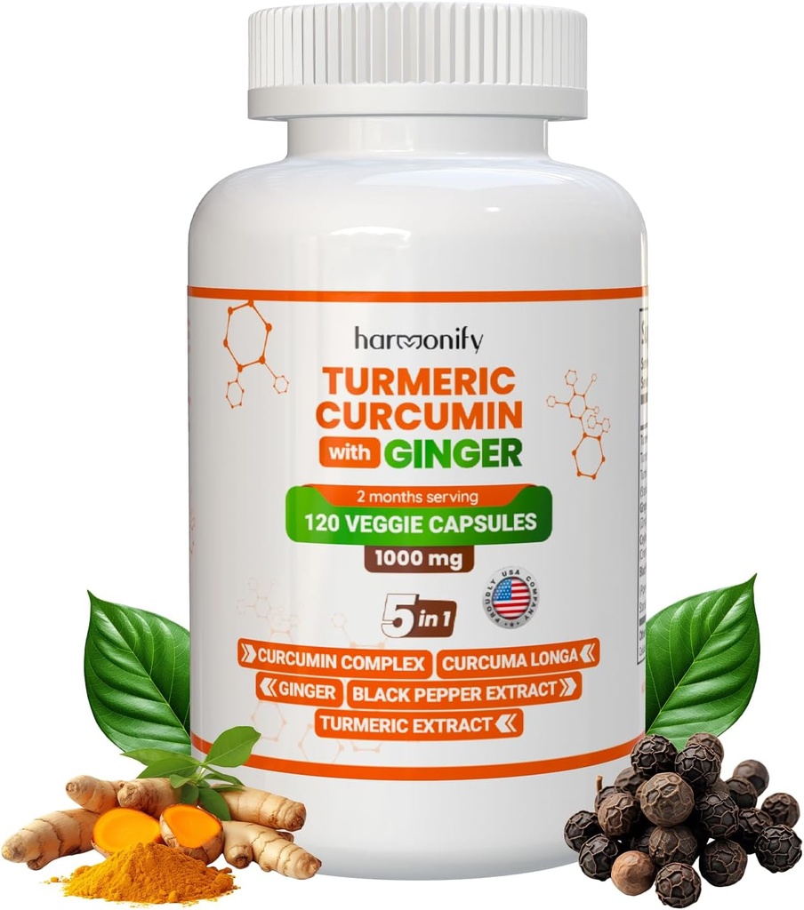 Turmeric Curcumin Supplement with Ginger, Ceylon Cinnamon and Black Pepper Complex 5 in 1 Formula, Curcuma Longa, Max Absorpition, 1000 mg, 120 Herbal Extract Capsles