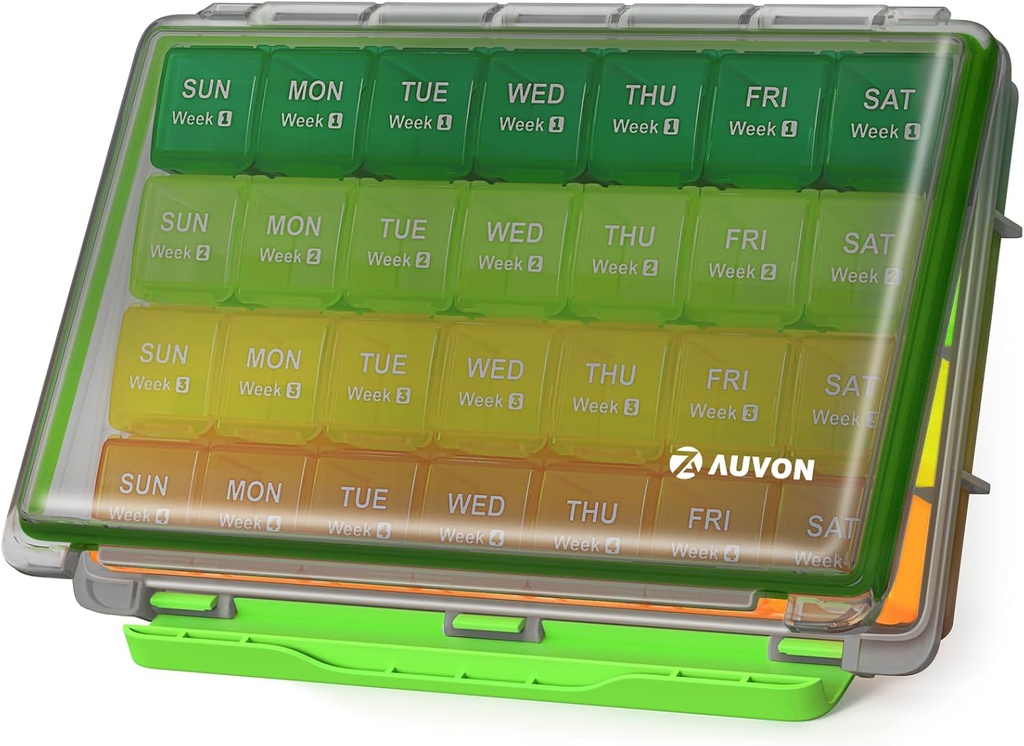 AUVON Moisture-Proof Monthly Pill Organizer, Büyük 28 Gün Pill Box Case with Reforce 4 Haftas İlaç Organize Rows, Travel-Friendly to Store Fish Oils, Vitamins, Supplements, Drugs