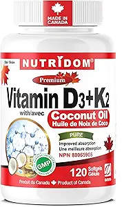 Nutridom Vitamin D3 + K2 with Coconut Oil (120 Softgels)
