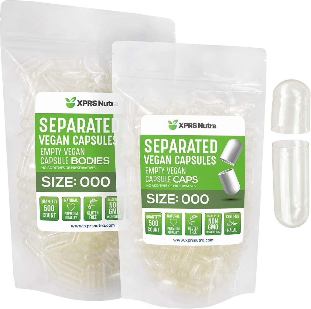 XPRS Nutra Vegan Μέγεθος 000 Χωριστές κάψουλες- 500 Count Premium Κενά καπάκια χωρίζονται σε τσάντες - Καθαρίστε τις κενές κάψουλες - 000 Χάπια για το συμπλήρωμα DIY πλήρωσης