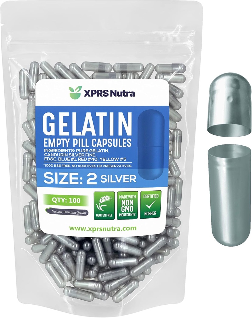XPRS Nutra Boyutu 2 Boş Kapsüller - 100 Kont Boş Gelatin Capsules - Pills DIY Capsule - Pure Bovine Pill Gel Caps For Do-It- Yourself Supplements (Silver)