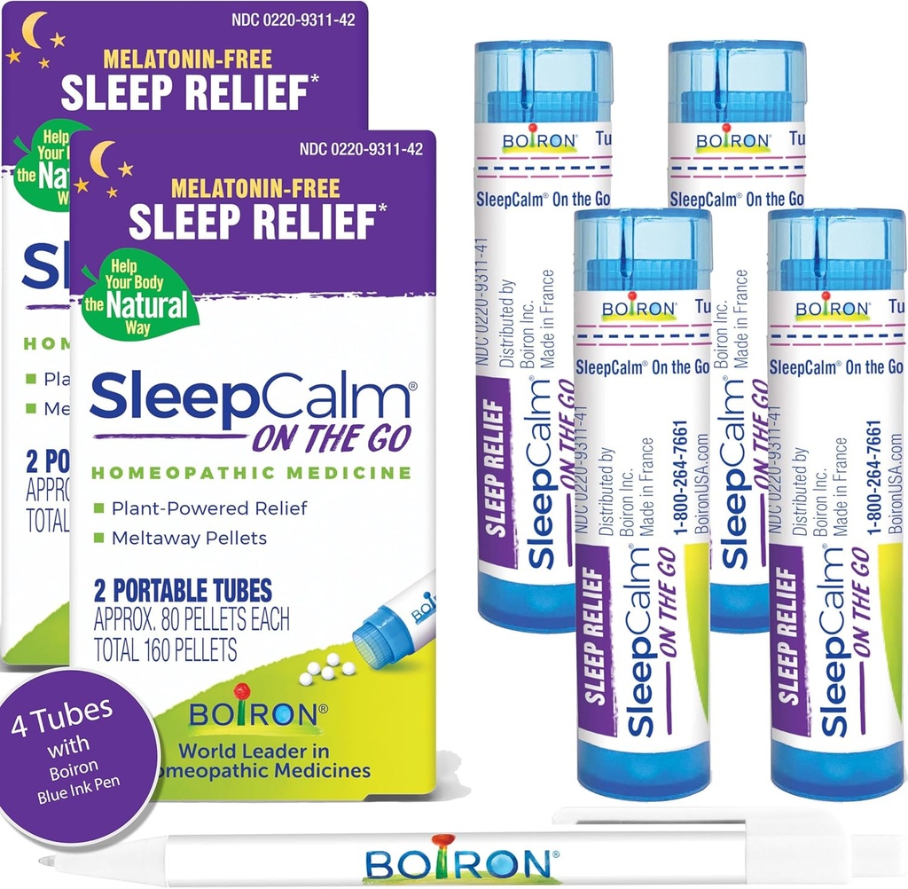 Boiron SleepCalm On The Go Sleep Aid for Deep, Relaxing, Restful Nighttime Sleep - Melatonin-Free και Non Habit-Forming - 80 Count per Tube - 4 Tubes with Blue Pen