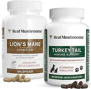 Gerçek Mushrooms Lions Mane for Humans (120ct) & Turkey Tail for Pets (90ct) - Cognition ve Immunity - Vegan, Non-GMO, T-Free, Gluten-Free Mushroom Extract Capsules