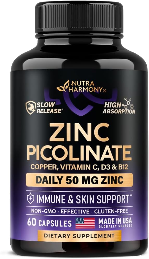 Çinko Picolinate 50 mg - bakır ile çinko Supplement, Vitamin D3 & B12 - Stomach Dostu | Yavaş Yayın - Immune Support & Skin Health - BioPerine & Vitamin C - 60 Capsules