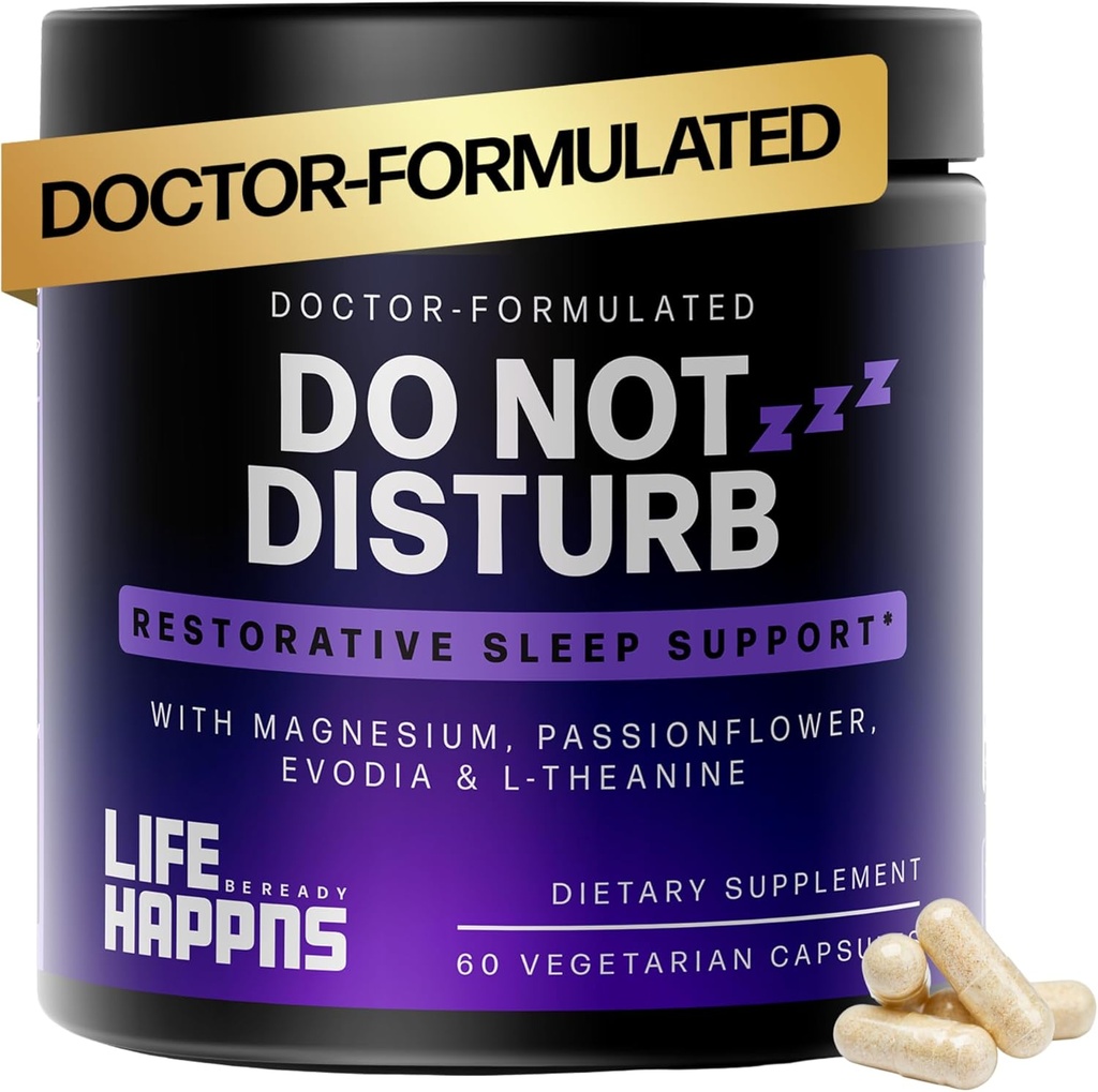 Life Happns Do Not Disturb Sleep Aid for Yetişkinler Natural Supplement with L-Theanine, Magnezyum, Passion Flower & Evodia Fruit for Restorative Sleep Melatonin-Free, Non Habit-Forming, 60 Capsules