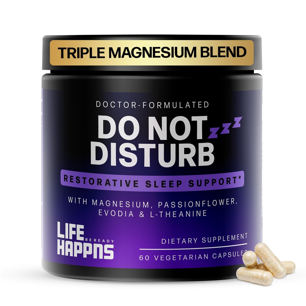Life Happns Do Not Disturb Sleep Aid for Yetişkinler Natural Supplement with L-Theanine, Magnezyum, Passion Flower & Evodia Fruit for Restorative Sleep Melatonin-Free, Non Habit-Forming, 60 Capsules