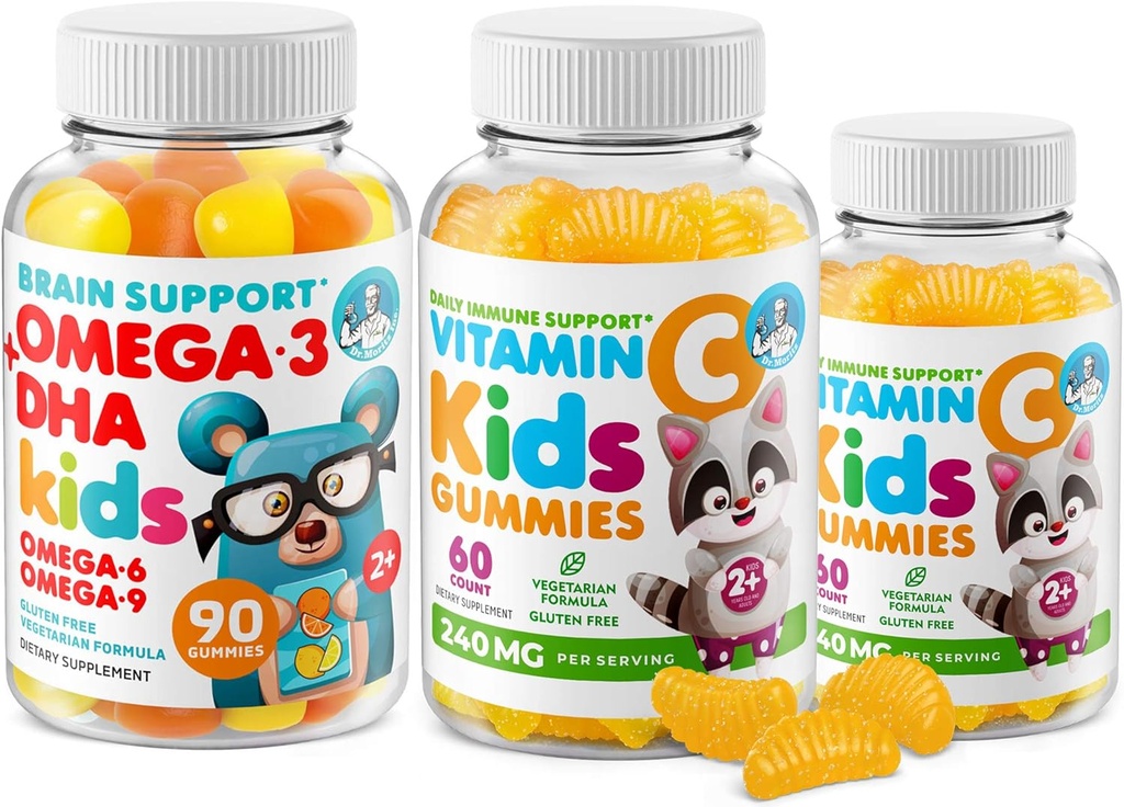 Omega-3 DHA Gummies & Vitamin C Gummies for Kids & Yetişkinler - Immune Support, Low-Sugar, Gelatin-Free, Vegetarian, Chewable Vitamins for Toddlers