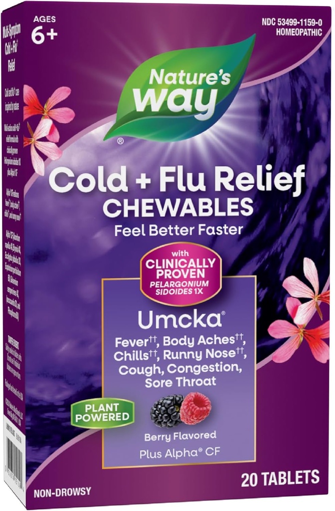 Nature's Way Cold+Flu Relief, Umcka, Shortens Duration and Reduces Severity, Multi-Symptom Relief, Homeopathic, Phenylephrine Free, Non-Drowsy, Berry Flavored, 20 Chewable Tabletler (Pazar May Vary)