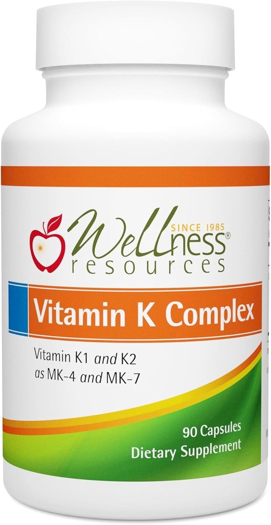 Wellness Kaynakları Vitamin K Kompleksi - 600 mcg Vitamin K2 ( MK-4 ve Trans MK-7) ve 1000 mcg K1- Bone Strength and Heart Health - K2 Vitamin Tamam - 90 Capsules Non-GMOB