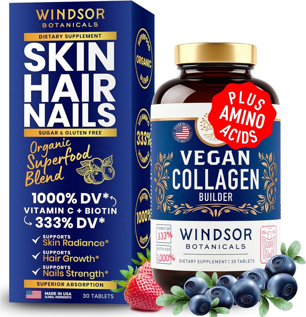 Vegan Collagen for Women and Men Supplements - Vitamin C, Biotin, Amino Asits Glycine, Lysine, Proline, Organik Meyve & Sebze Tozu - Bir Gün - 30 Bitki bazlı Collagen Boost Tabletleri