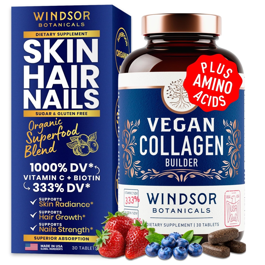 Vegan Collagen for Women and Men Supplements - Vitamin C, Biotin, Amino Asits Glycine, Lysine, Proline, Organik Meyve & Sebze Tozu - Bir Gün - 30 Bitki bazlı Collagen Boost Tabletleri