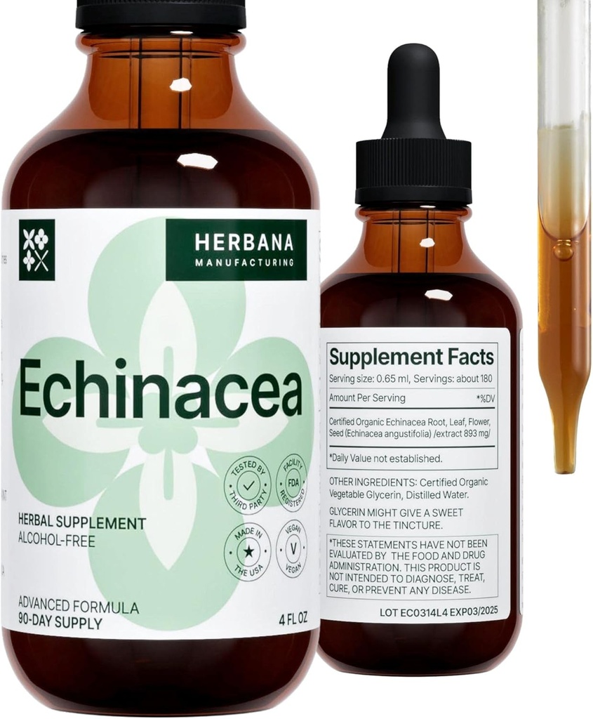 Echinacea 4 fl oz Liquid Extract - Organik Kök, Yaprak, Çiçek, Tohum - Doğal Herbal Supplement - Body, Immune System Support Tincture - High Potency Drops - 90-Day Supply - Family Dimension