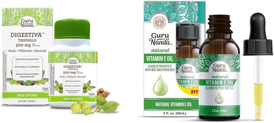 GuruNanda Digestiva Triphala (240 Tablets) & Βιταμίνη E Oil (2 Fl Oz) - Υποστηρίζει Digestion, Βοηθά με Μπλόφα & Δυσκοιλιότητα, Συμπλήρωμα διατροφής με Amla, Χαριτάκη & Bibhitaki