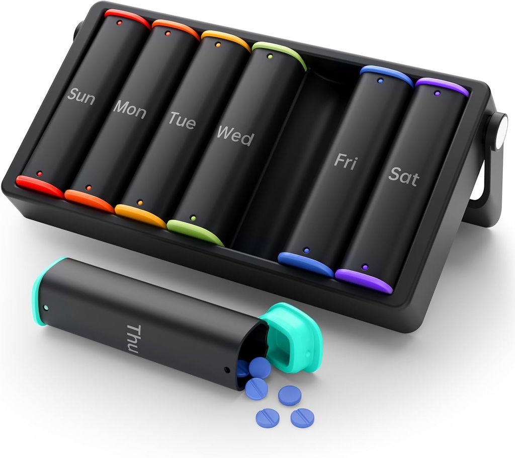 Haftalık Pill Organizer 2 Times a Day, KOVIU Büyük Seyahat Pill Box 7 Gün, Am Pm Two Daily Pill Case with Rotatable Crime, Week Pill Holder Container for Vitamin Medicine Supplement Fish Oil, Black