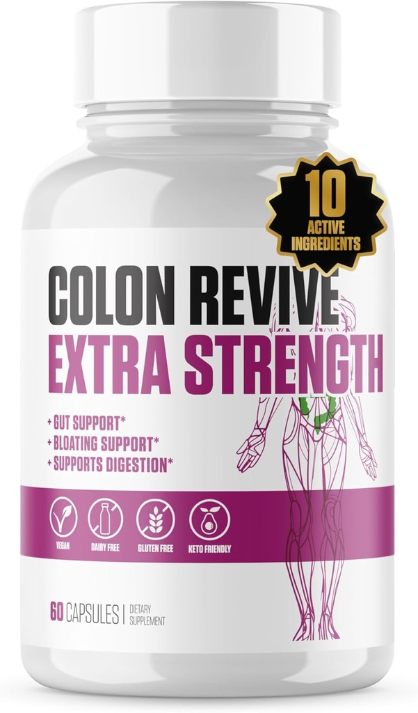 Kolon Revive Ekstra Güçlü | #1 Detox Supplement | Digestive Support, Bloating, Constipation Relief w/Buckthron, Alfalfa, Aloe Vera + Daha Erkekler ve Kadınlar için - 60 Pills