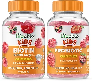 Lifeable Biotin Kids + Probiyotik 2 Milyar CFU Kids, Gummies Sche - Great Tasting, Vitamin Supplement, Gluten Free, GMO Free, Chewable Gummy