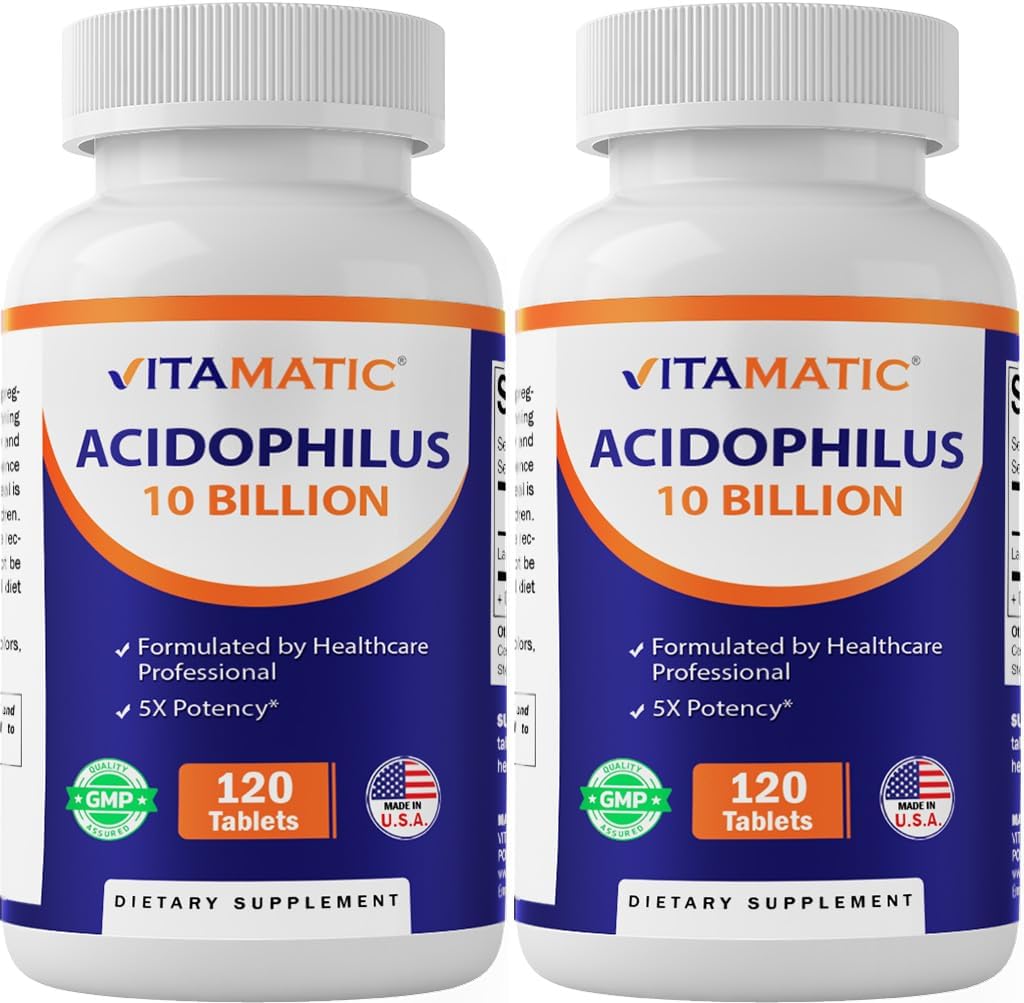 Vitamatic 2 συσκευασίες Acidophilus Probiotic - 10 δισεκατομμύρια CFU - 120 δισκία - 5X Potency - ημερήσιο συμπλήρωμα προβιοτικών, υποστηρίζει Digestive Health (Σύνολο 240 δισκία)