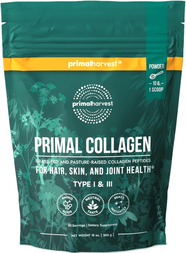 Primal Συγκομιδή Collagen Σκόνη για γυναίκες ή άνδρες Primal Collagen Peptides Σκόνη τύπου I & III, 10 Oz Collagen Protein Powder για τα μαλλιά, το δέρμα, τα νύχια (Single, Unlavored)