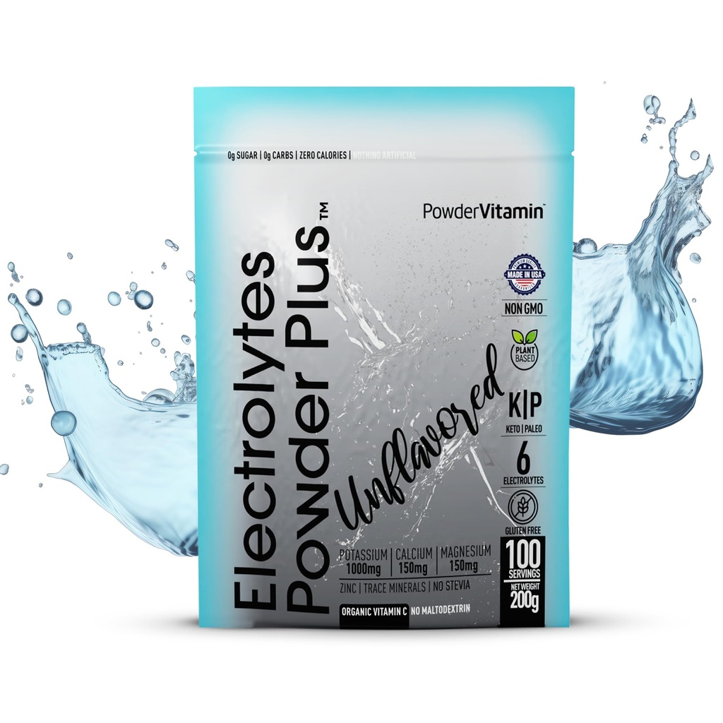PowerVitamin Unflavored Electrolytes Powder No Sugar for Daily Energy - Keto Electrolytes - Hydration Powder with 1000mg Potassium, 120mg Calcium, Magnesium, No Stevia, 100 Servings